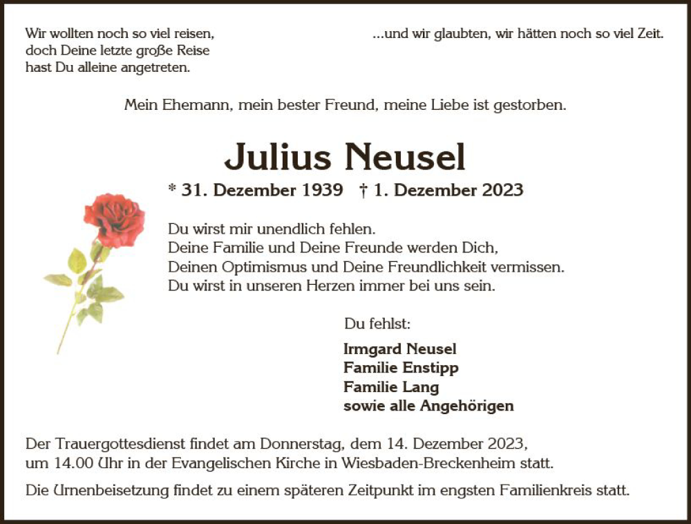  Traueranzeige für Julius Neusel vom 09.12.2023 aus Wiesbadener Kurier