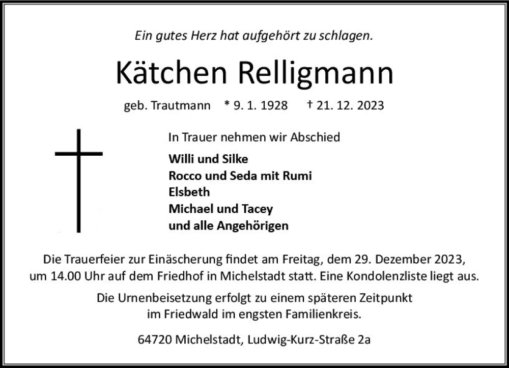  Traueranzeige für Kätchen Relligmann vom 23.12.2023 aus Odenwälder Echo
