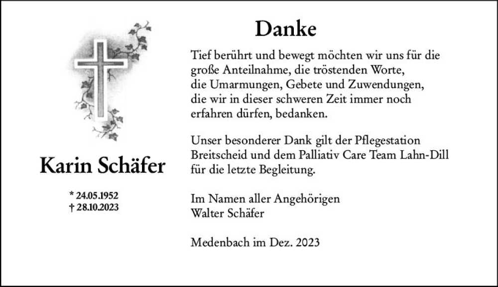  Traueranzeige für Karin Schäfer vom 16.12.2023 aus Dill Block