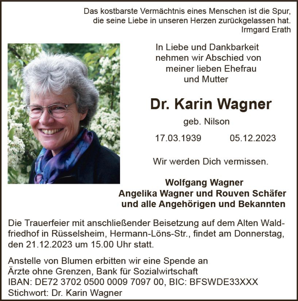  Traueranzeige für Karin Wagner vom 16.12.2023 aus Rüsselsheimer Echo