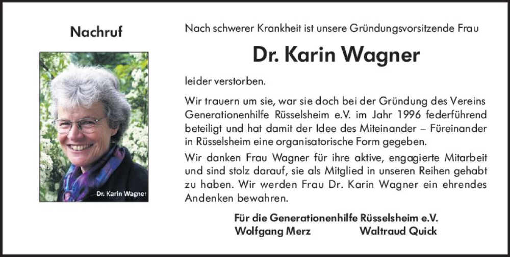  Traueranzeige für Karin Wagner vom 16.12.2023 aus Rüsselsheimer Echo