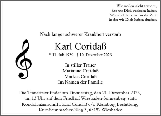 Traueranzeige von Karl Coridaß von Wiesbadener Kurier