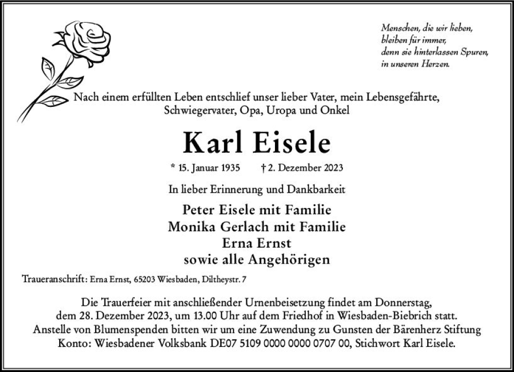  Traueranzeige für Karl Eisele vom 23.12.2023 aus Wiesbadener Kurier
