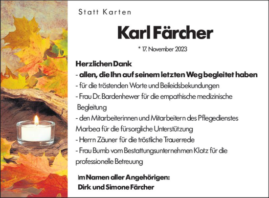 Traueranzeige von Karl Färcher von Wormser Zeitung