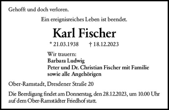 Traueranzeige von Karl Fischer von Darmstädter Echo