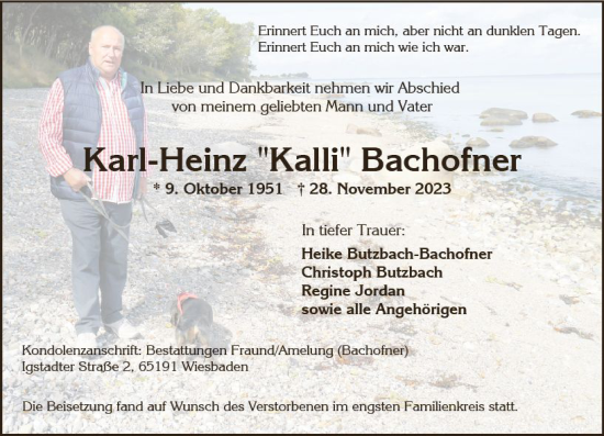 Traueranzeige von Karl-Heinz Bachofner von Wiesbadener Kurier