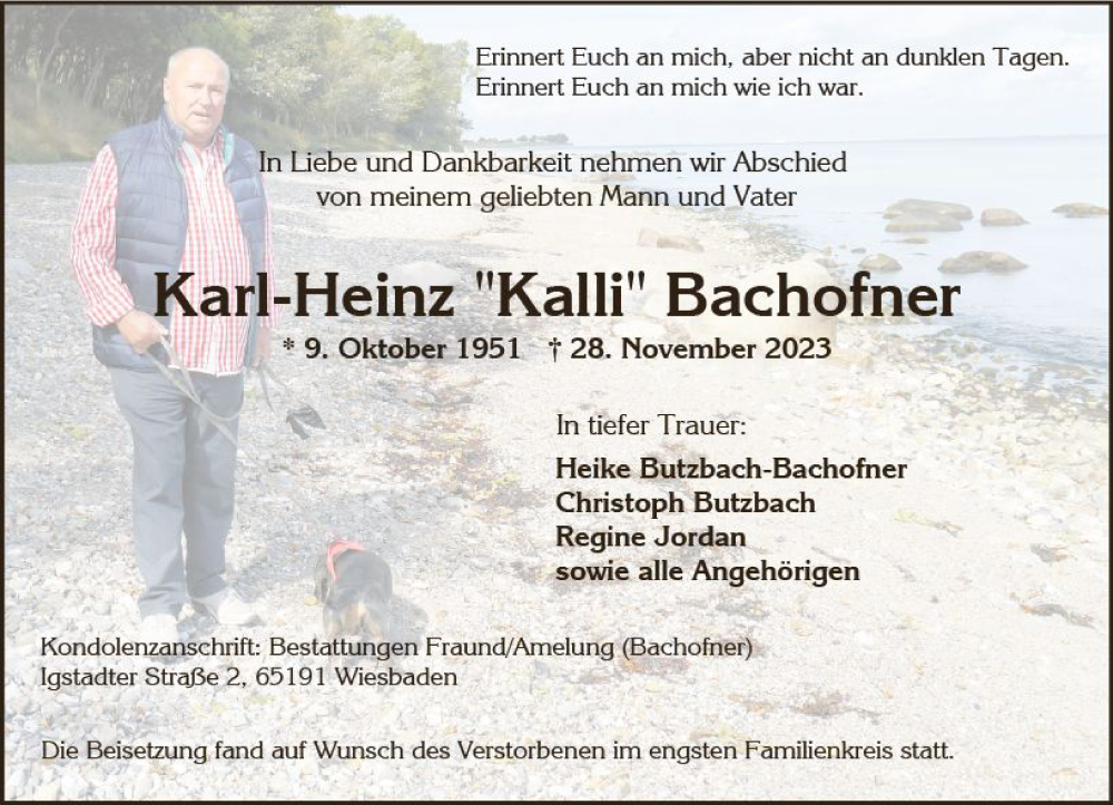  Traueranzeige für Karl-Heinz Bachofner vom 16.12.2023 aus Wiesbadener Kurier