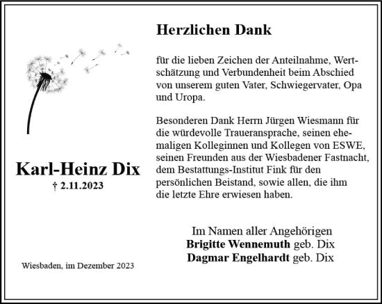 Traueranzeige von Karl-Heinz Dix von Wiesbadener Kurier