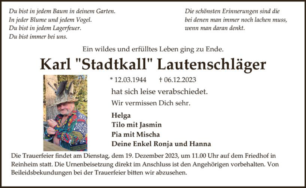  Traueranzeige für Karl Lautenschläger vom 16.12.2023 aus Darmstädter Echo