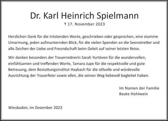 Traueranzeige von Karl Heinrich Spielmann von Wiesbadener Kurier