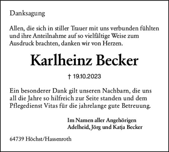 Traueranzeige von Karlheinz Becker von Odenwälder Echo