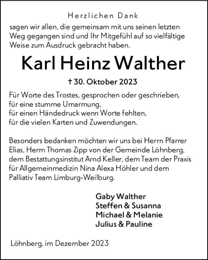  Traueranzeige für Karl Heinz Walther vom 02.12.2023 aus Weilburger Tageblatt
