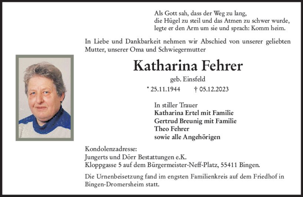  Traueranzeige für Katharina Fehrer vom 23.12.2023 aus Bingen/Ingelheim WOBL inkl. Neue Binger Ztg.