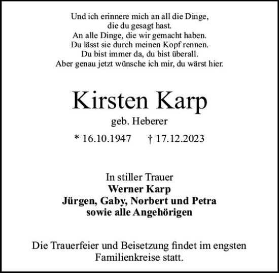 Traueranzeige von Kirsten Karp von Darmstädter Echo
