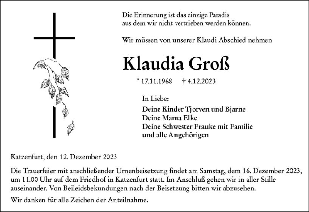  Traueranzeige für Klaudia Groß vom 12.12.2023 aus Wetzlarer Neue Zeitung