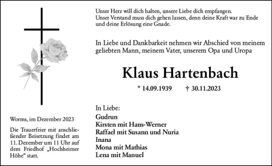 Traueranzeige von Klaus Hartenbach von Wormser Zeitung