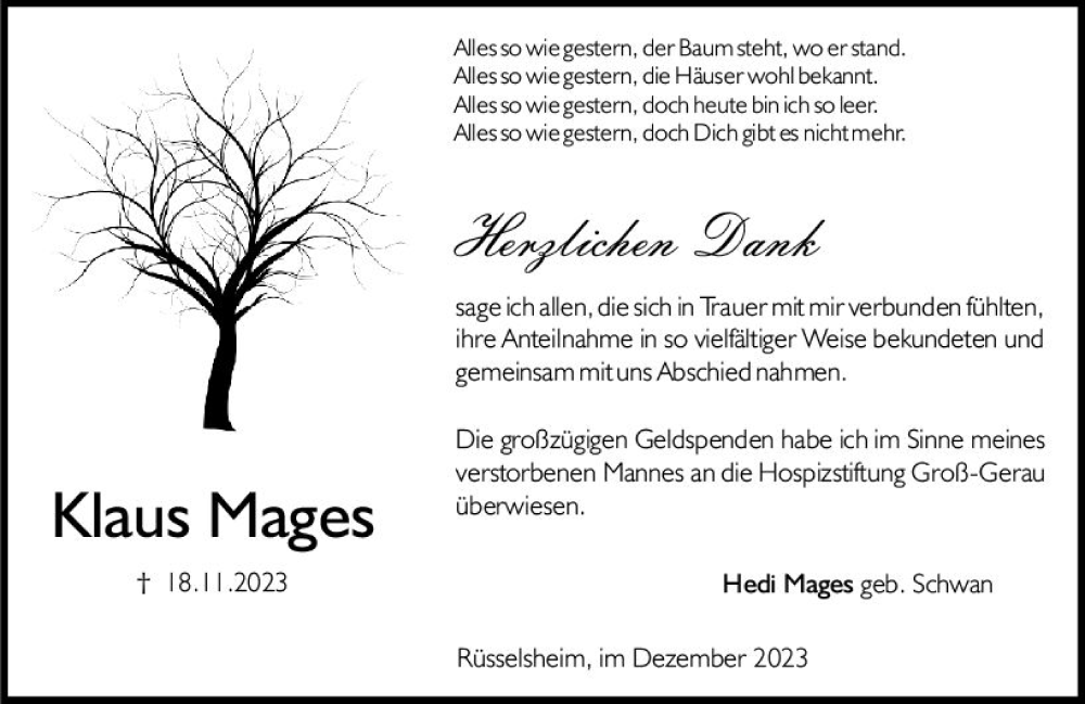  Traueranzeige für Klaus Mages vom 16.12.2023 aus Rüsselsheimer Echo