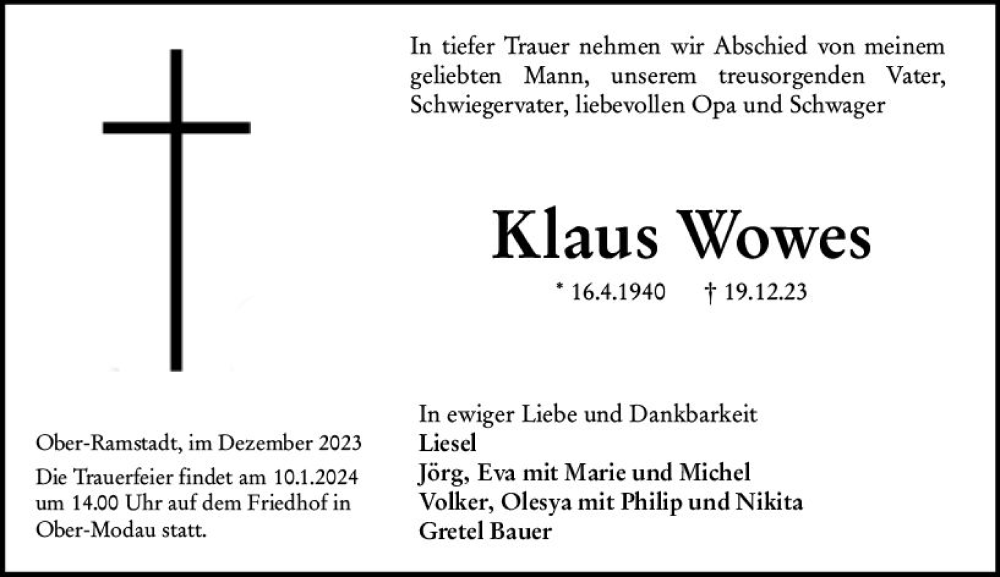  Traueranzeige für Klaus Wowes vom 30.12.2023 aus Darmstädter Echo