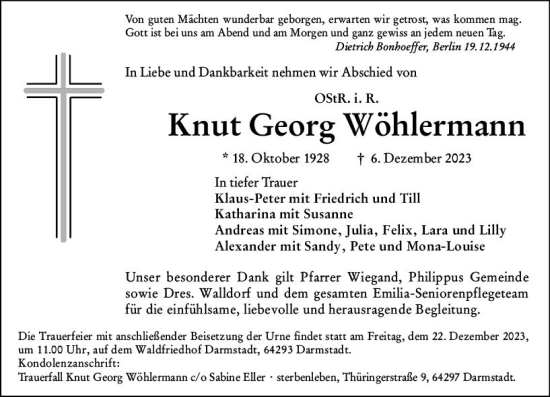 Traueranzeige von Knut Georg Wöhlermann von Darmstädter Echo