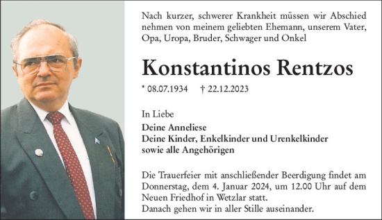 Traueranzeige von Konstantinos Rentzos von Wetzlarer Neue Zeitung