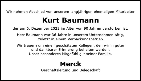 Traueranzeige von Kurt Baumann von Darmstädter Echo