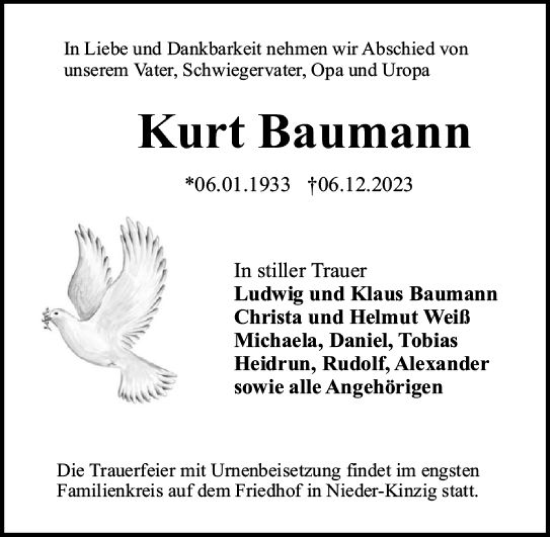 Traueranzeige von Kurt Baumann von Odenwälder Echo
