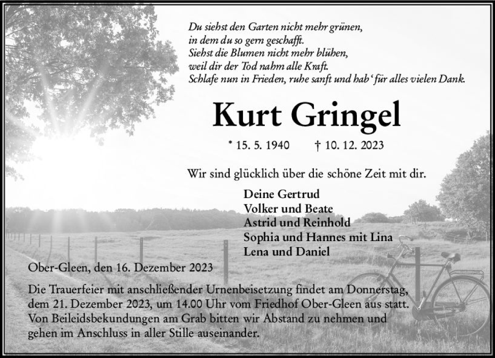  Traueranzeige für Kurt Gringel vom 16.12.2023 aus VRM Trauer