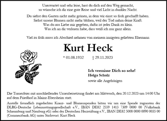 Traueranzeige von Kurt Heck von Allgemeine Zeitung Mainz