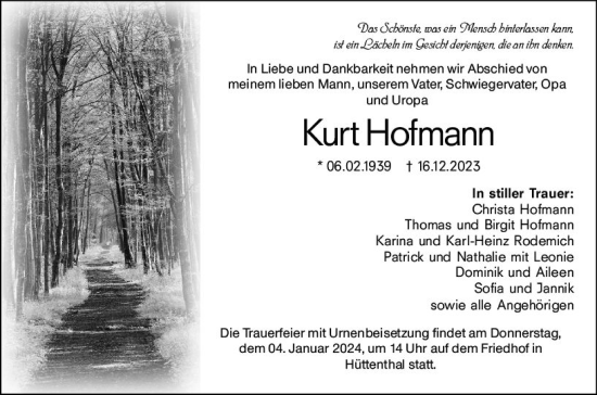 Traueranzeige von Kurt Hofmann von Odenwälder Echo