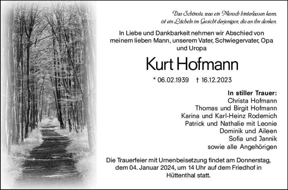  Traueranzeige für Kurt Hofmann vom 30.12.2023 aus Odenwälder Echo