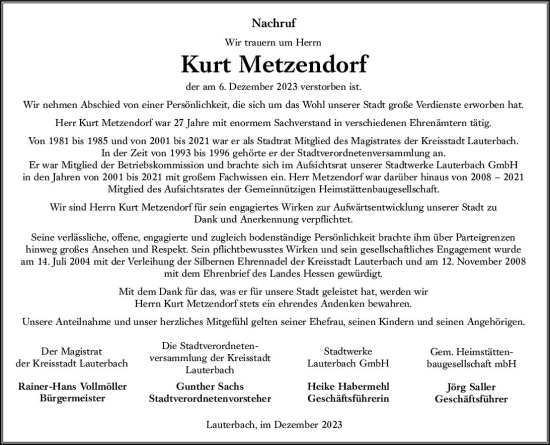 Traueranzeige von Kurt Metzendorf von VRM Trauer