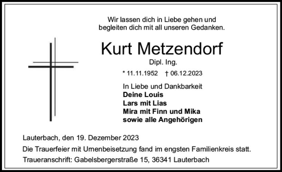Traueranzeige von Kurt Metzendorf von VRM Trauer