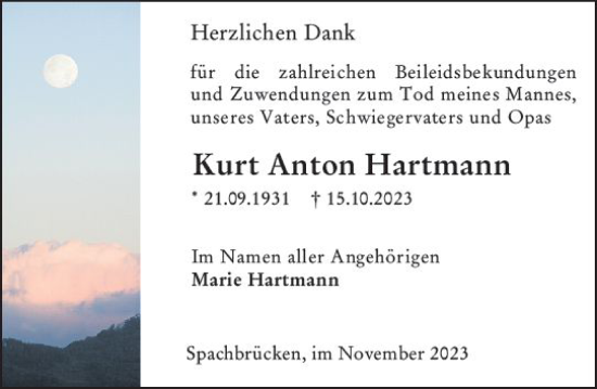 Traueranzeige von Kurt Anton Hartmann von Darmstädter Echo