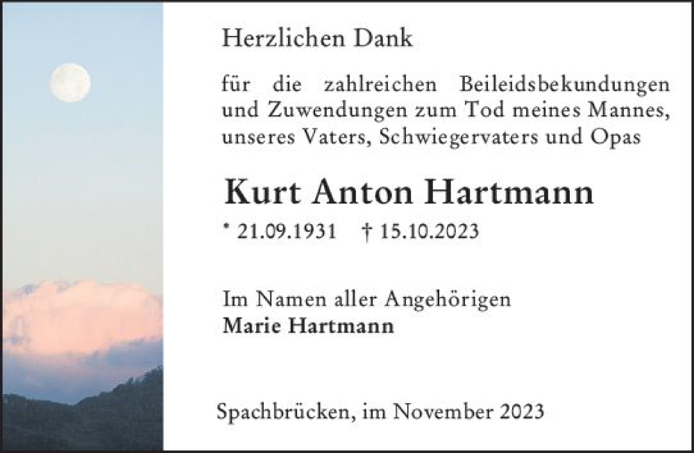  Traueranzeige für Kurt Anton Hartmann vom 16.12.2023 aus Darmstädter Echo
