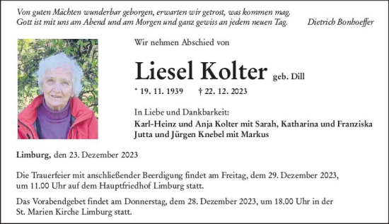Traueranzeige von Liesel Kolter von Nassauische Neue Presse