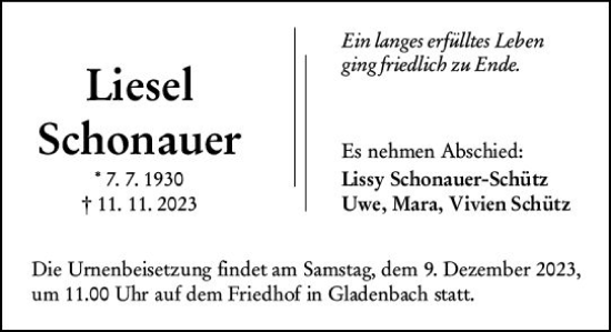 Traueranzeige von Liesel Schonauer von Hinterländer Anzeiger
