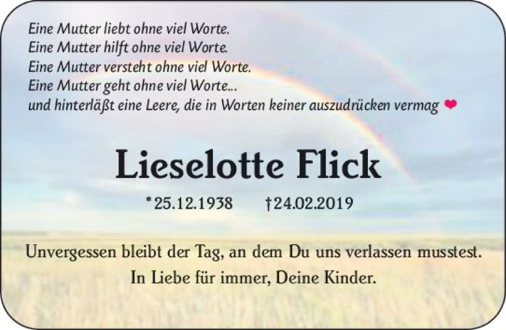  Traueranzeige für Lieselotte Flick vom 23.12.2023 aus Allgemeine Zeitung Bad Kreuznach