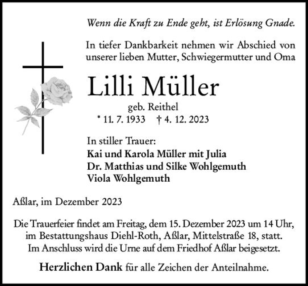  Traueranzeige für Lilli Müller vom 09.12.2023 aus Wetzlarer Neue Zeitung
