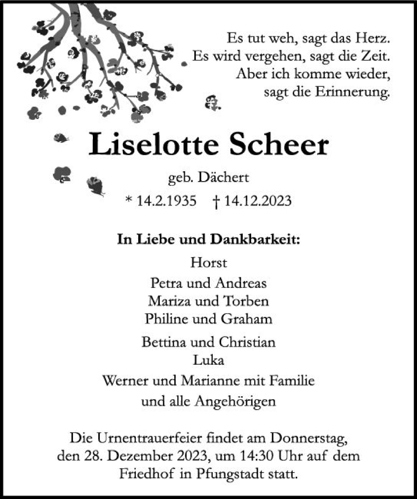  Traueranzeige für Liselotte Scheer vom 23.12.2023 aus Darmstädter Echo