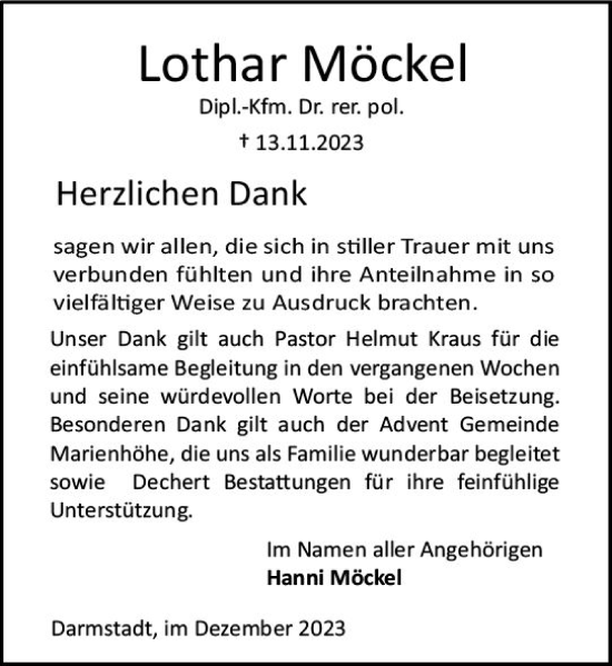 Traueranzeige von Lothar Möckel von Darmstädter Echo