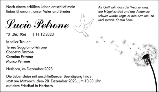 Traueranzeige von Lucia Petrone von Dill Block