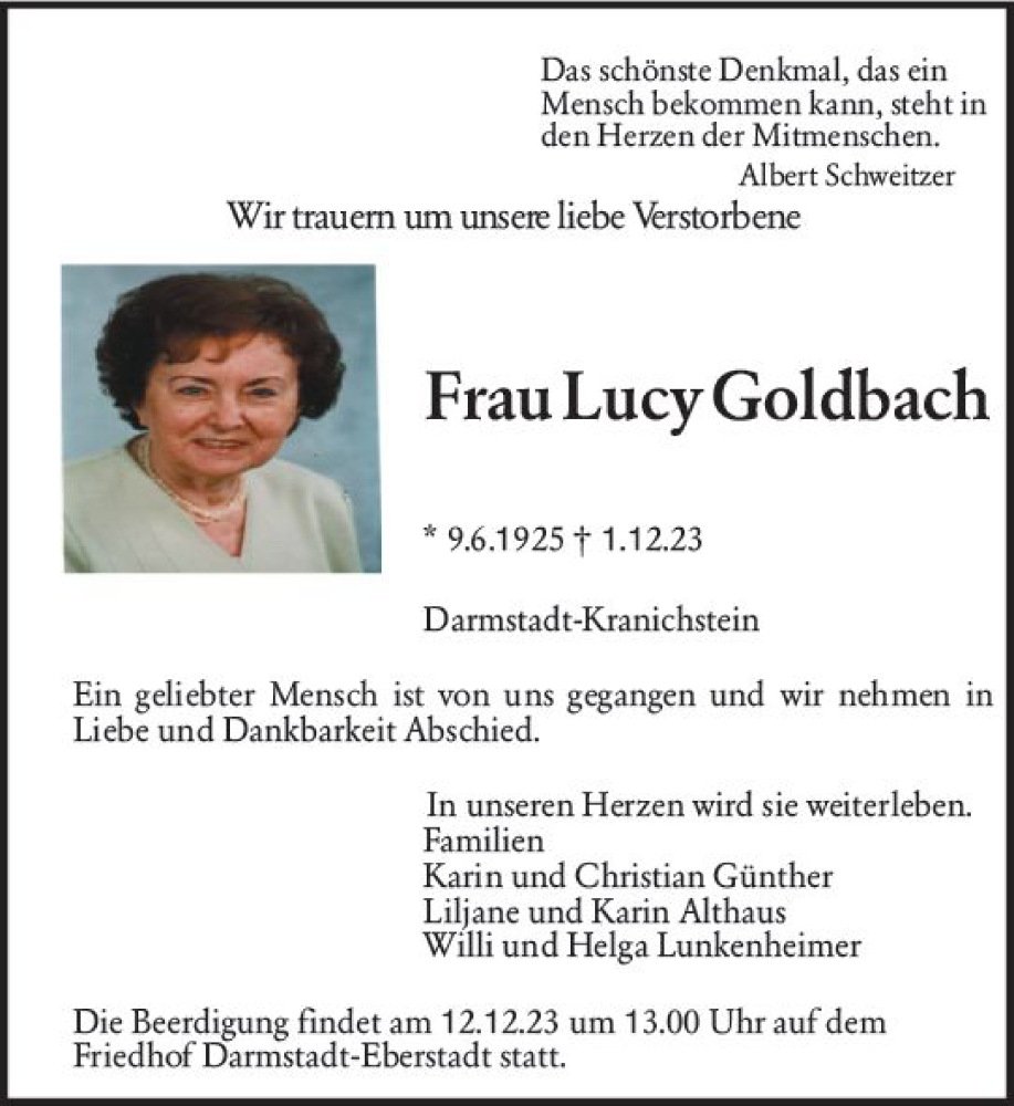  Traueranzeige für Lucy Goldbach vom 09.12.2023 aus Darmstädter Echo