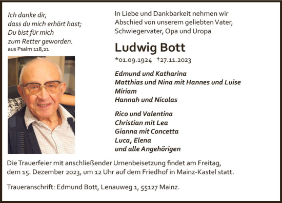Traueranzeige von Ludwig Bott von Allgemeine Zeitung Mainz