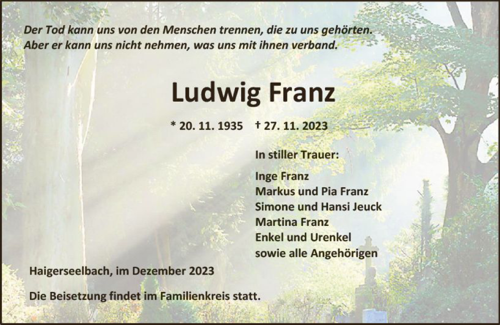  Traueranzeige für Ludwig Franz vom 02.12.2023 aus Dill Block