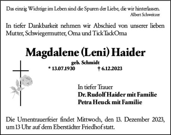 Traueranzeige von Magdalene Haider von Darmstädter Echo