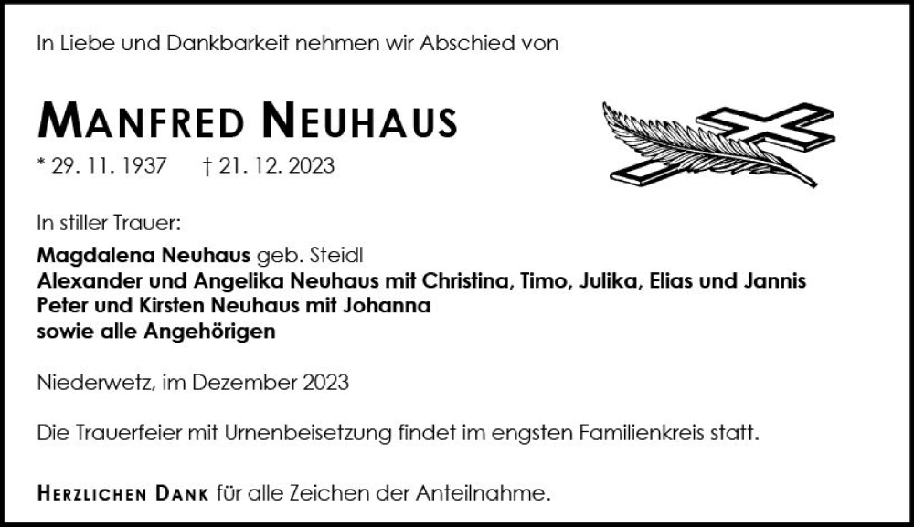  Traueranzeige für Manfred Neuhaus vom 30.12.2023 aus Wetzlarer Neue Zeitung