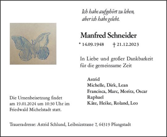 Traueranzeige von Manfred Schneider von Darmstädter Echo