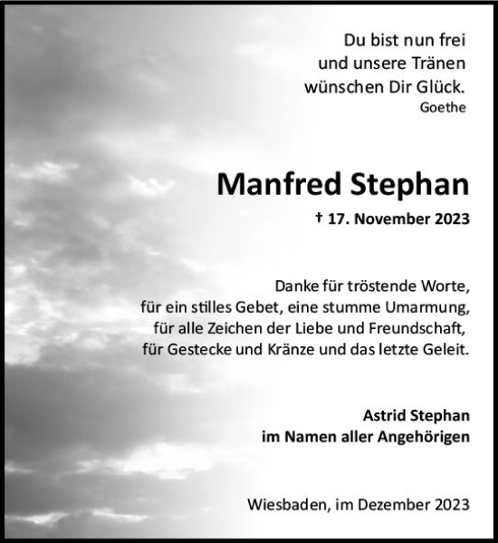 Traueranzeige von Manfred Stephan von Wiesbadener Kurier