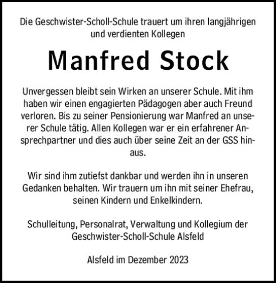 Traueranzeige von Manfred Stock von VRM Trauer