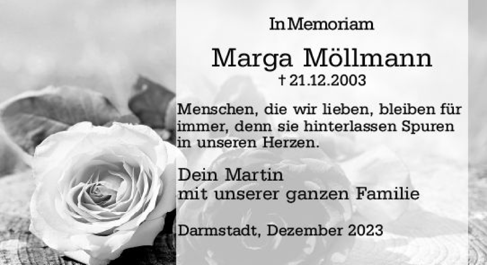  Traueranzeige für Marga Möllmann vom 23.12.2023 aus Darmstädter Echo